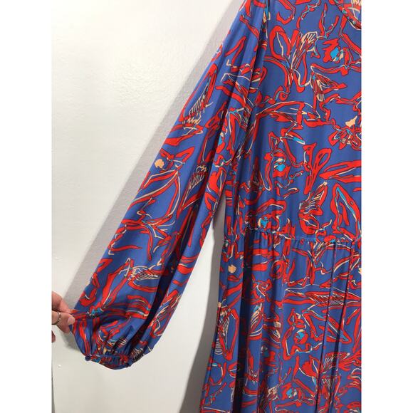 Diane von Frurstenberg 100% Silk Dress Eldsen Blue Red Floral Print Long Sleeve - Picture 5 of 11